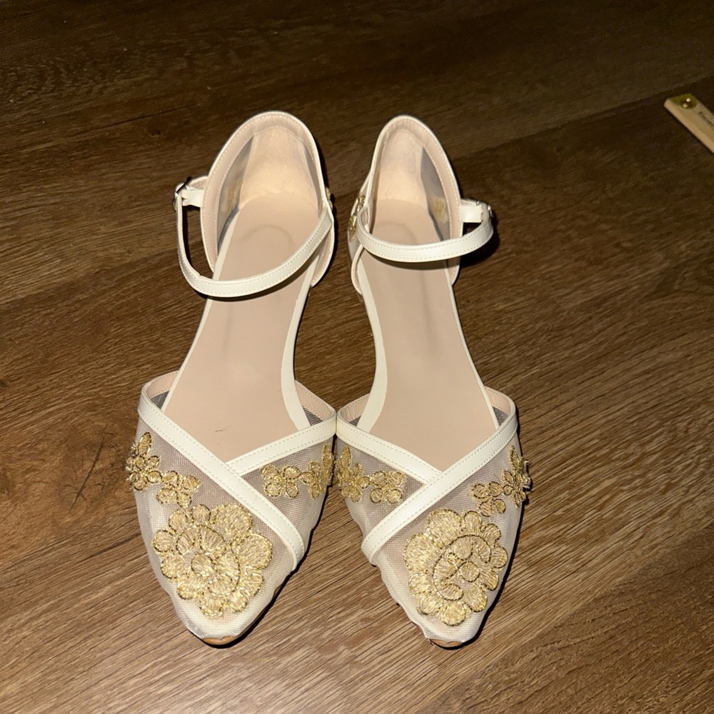 Bridal Ivory Gold Floral Flats Pointed Toe Ankle Strap 42.5